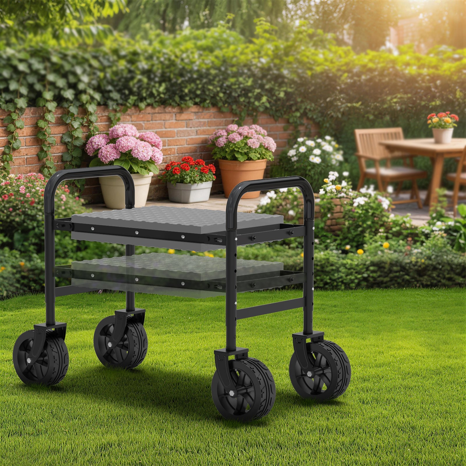Garden kneeler used as a rolling seat with person sitting on it in garden