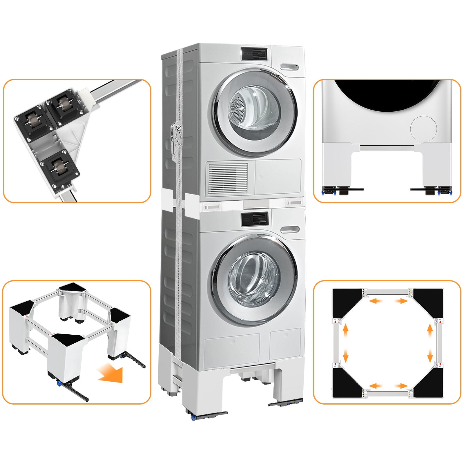 Pull-out storage drawer on washing machine stand