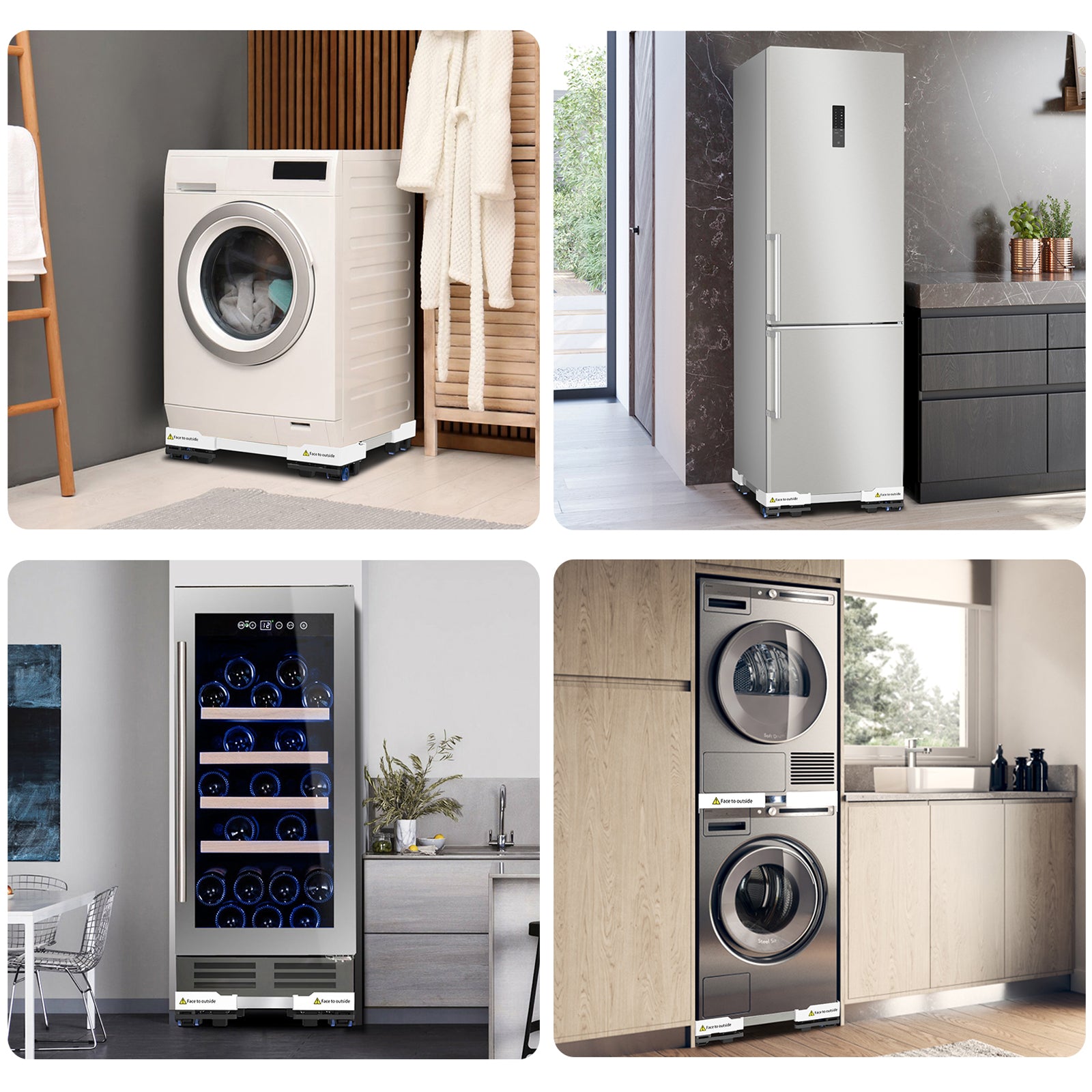 Washing machine stand supporting a white washer for easy moving