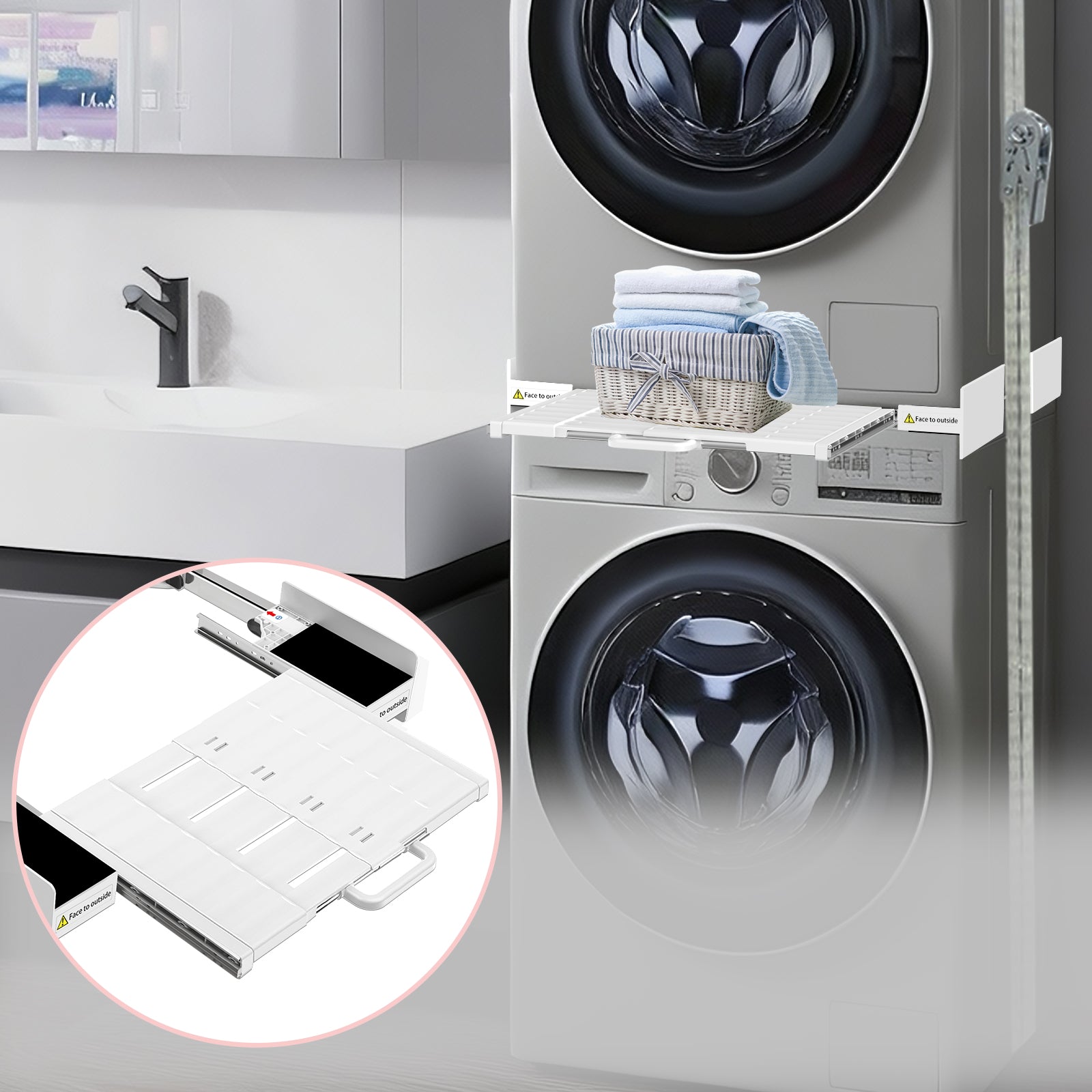 Stacking kit installed between washing machine and dryer, showing connections