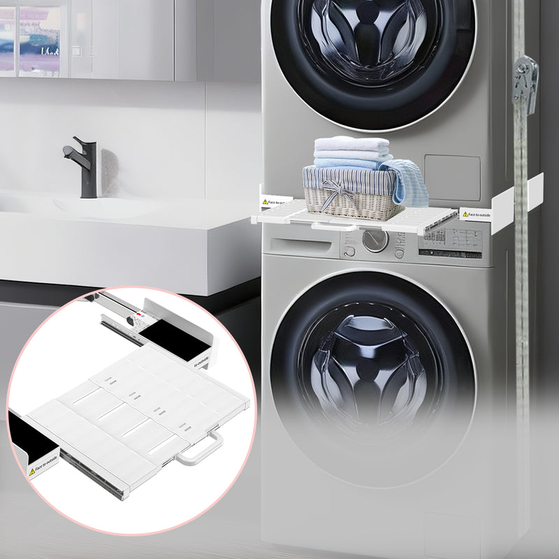 Stacking kit installed between washing machine and dryer, showing connections