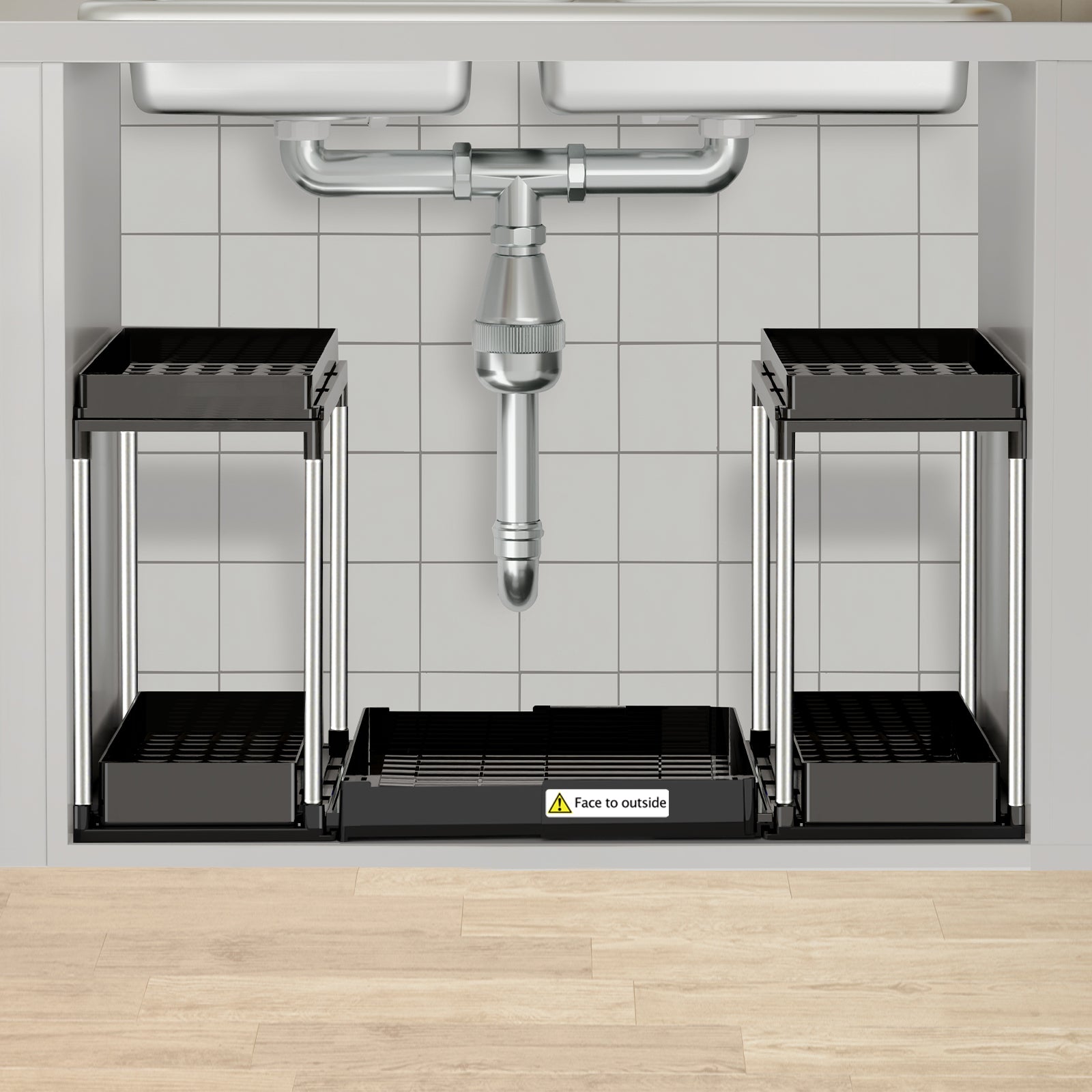 Sliding under sink organizer with center tray pulled out showing storage space