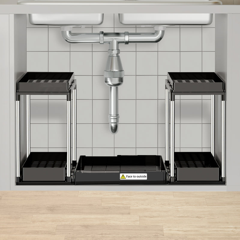 Sliding under sink organizer with center tray pulled out showing storage space