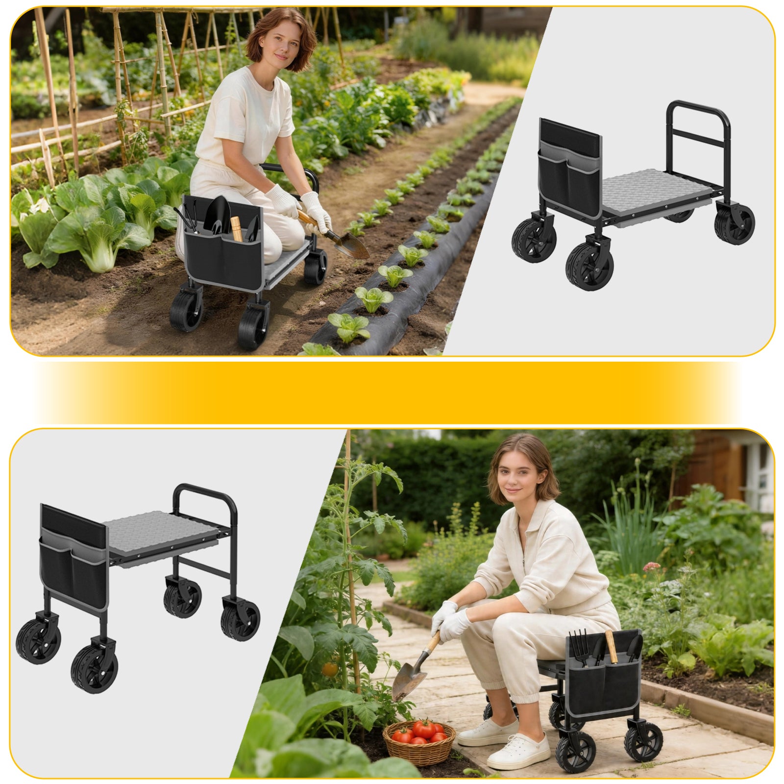 Close-up of 360-degree swivel wheel on garden kneeler for all-terrain use