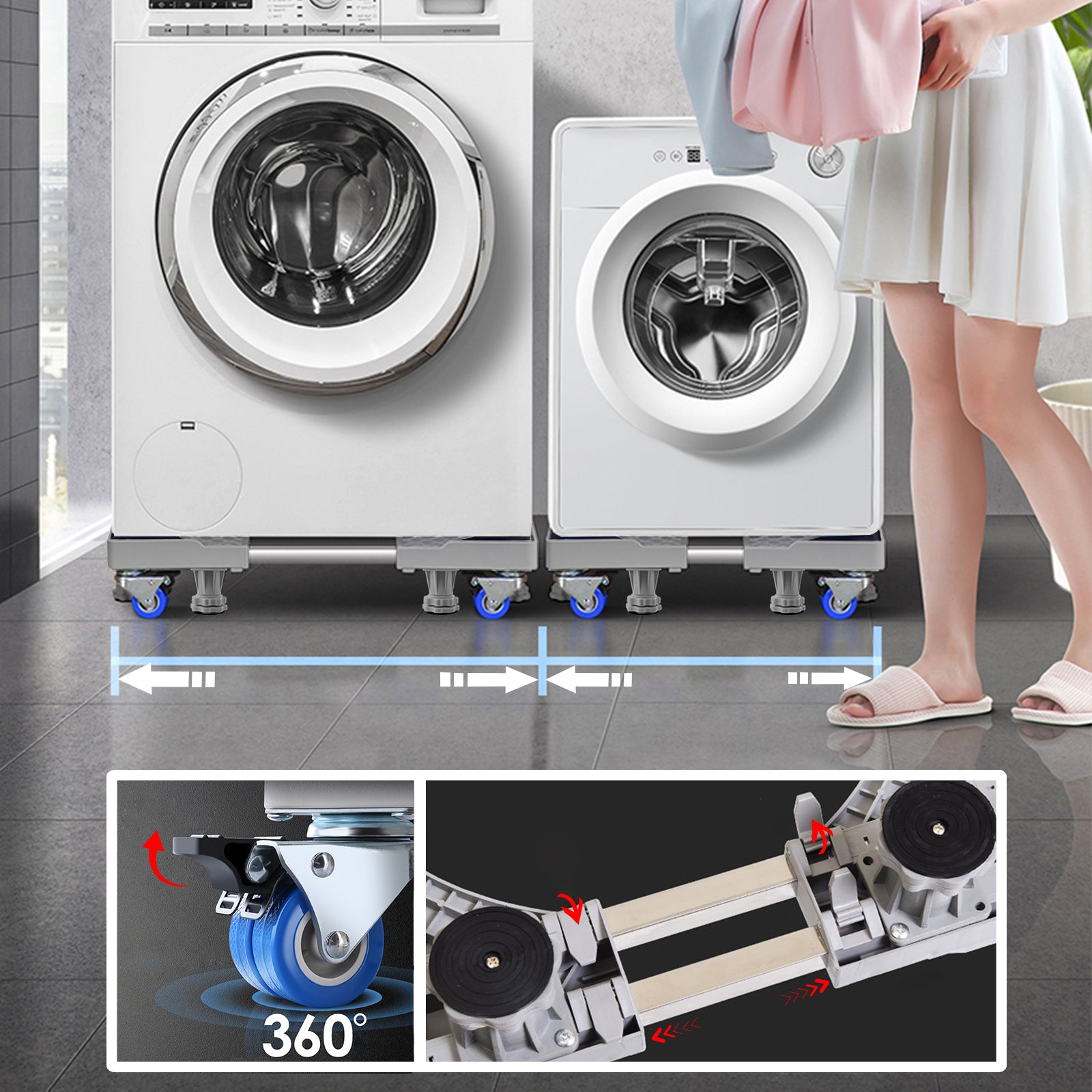 Four wheels attached to washing machine base for easy mobility