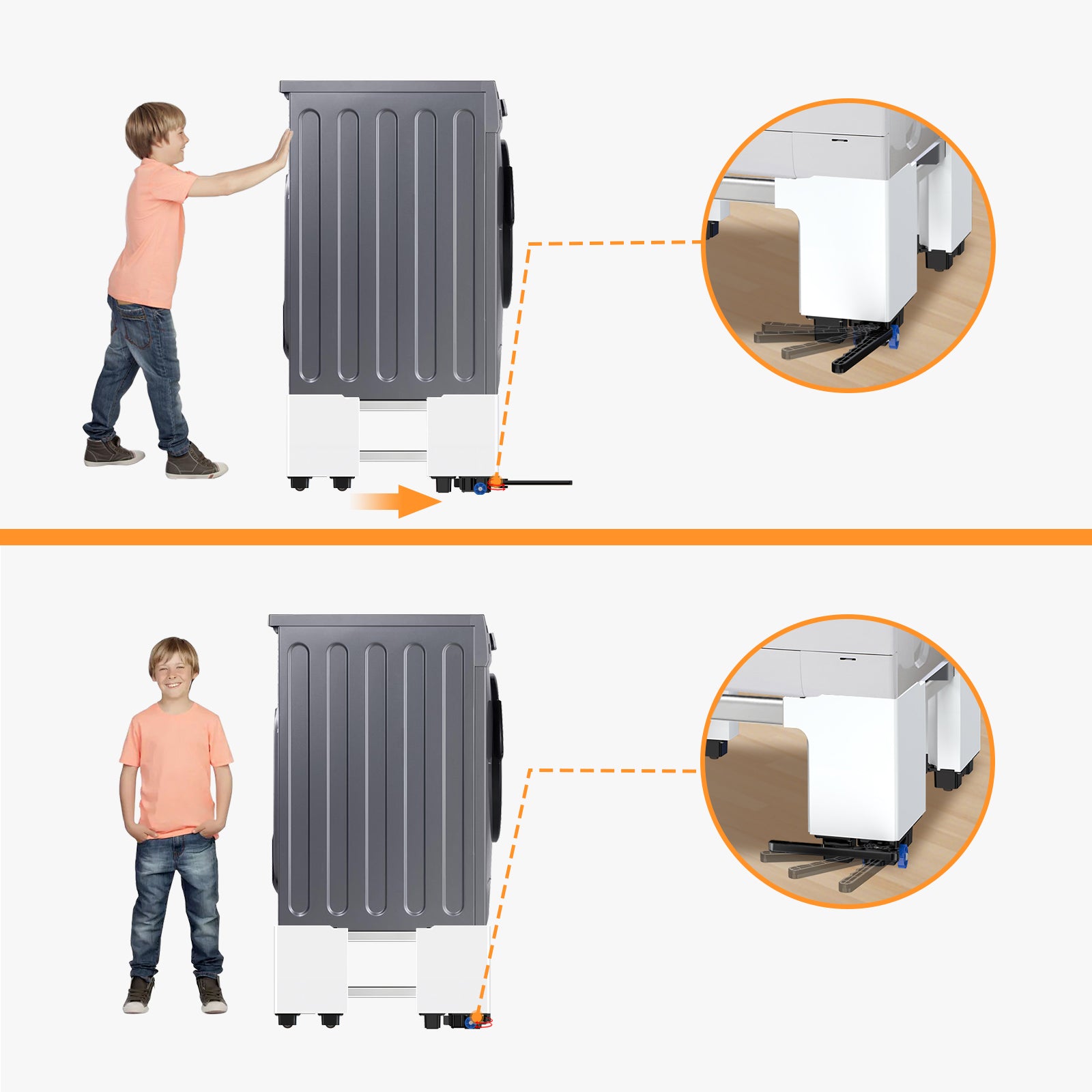 Washing machine placed on elevated stand with drawer below