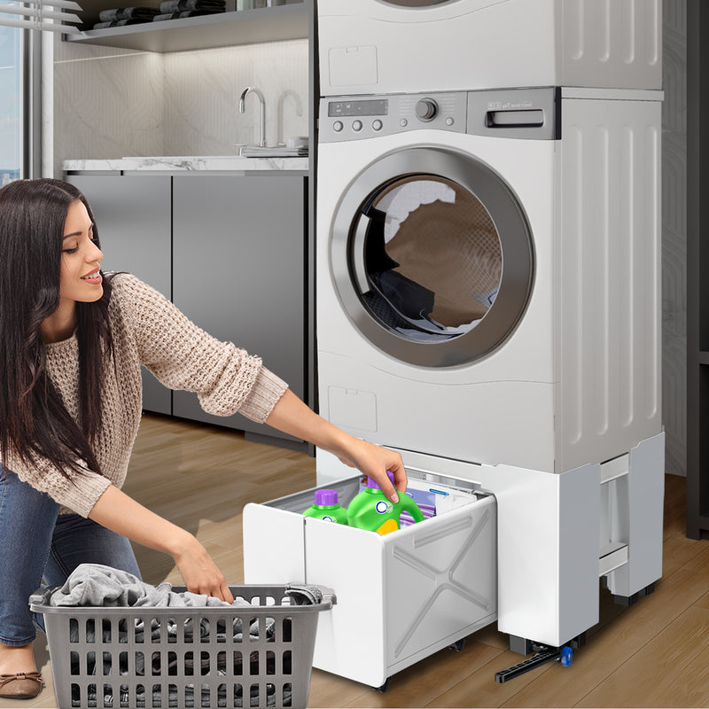 Washing machine placed on elevated stand with wheels for improved ventilation and access.