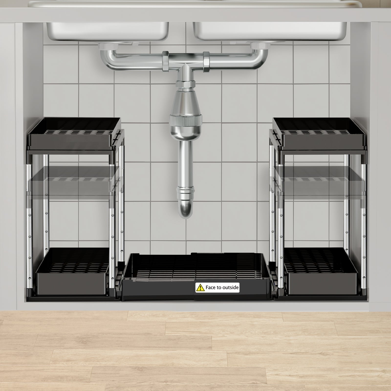 Expandable under sink organizer with center pull-out tray.