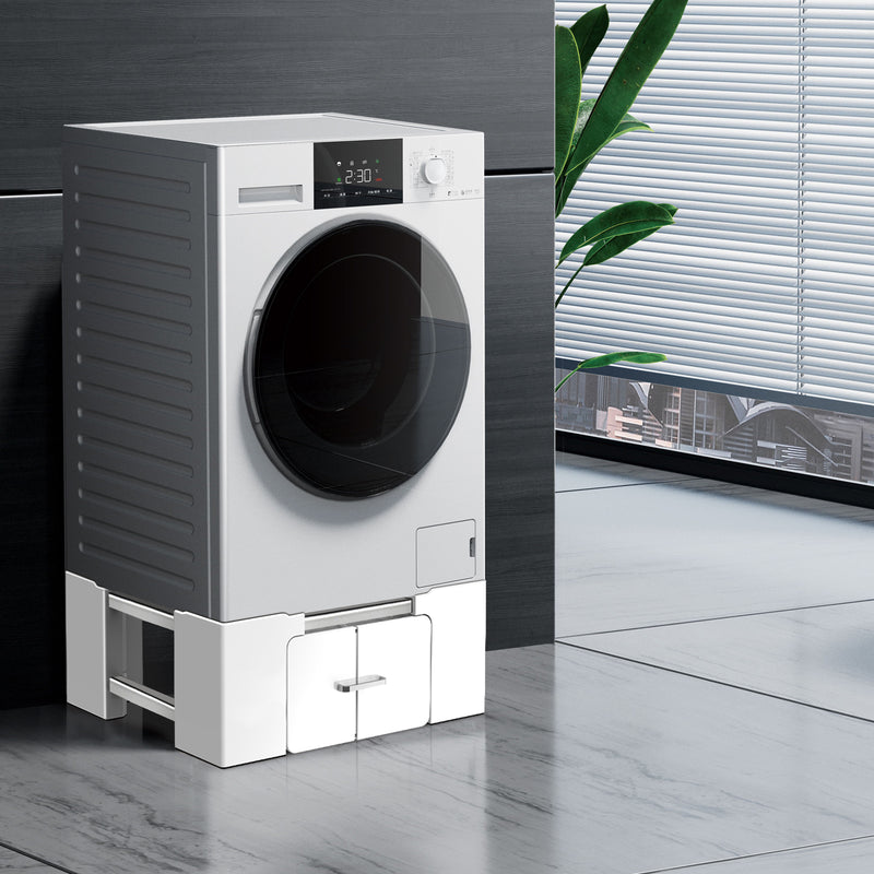 Side view of the washer dryer stand base with dimensions indicated