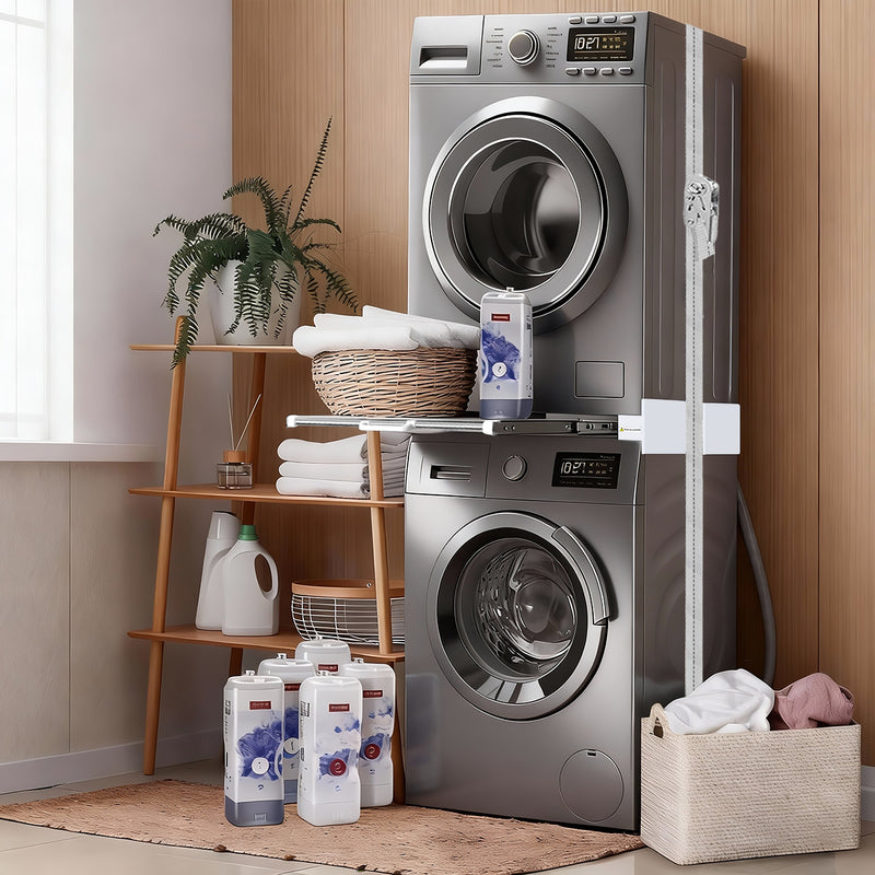 Stacking kit installed between washer and dryer