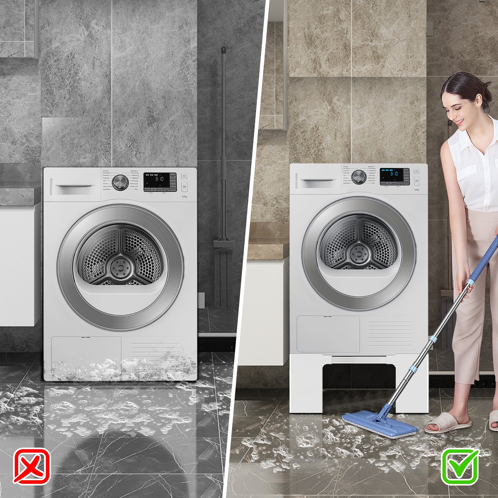 Front view of adjustable width clamps on washing machine stand