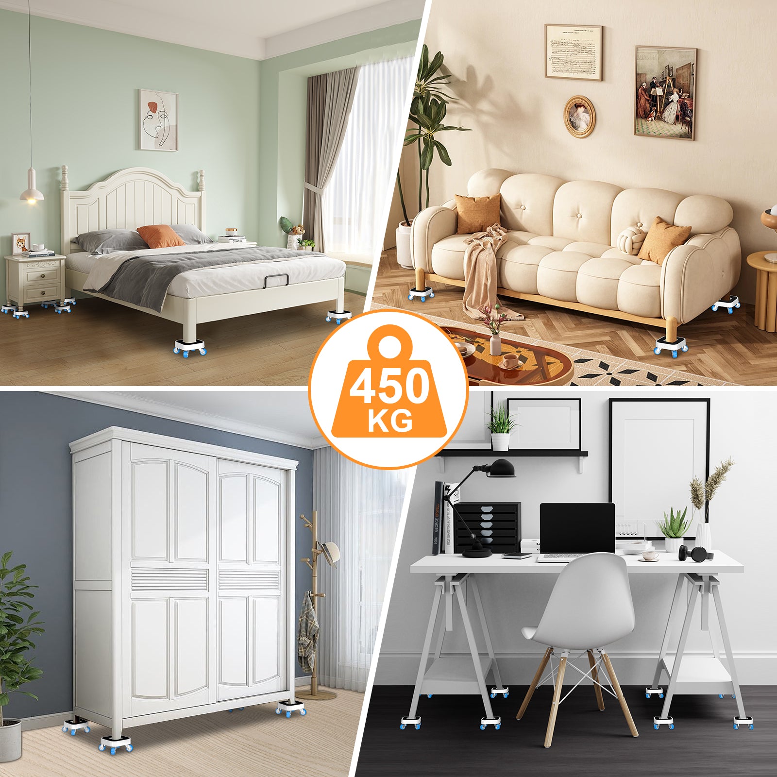 Dolly set with 450kg capacity used under a large box or furniture piece.