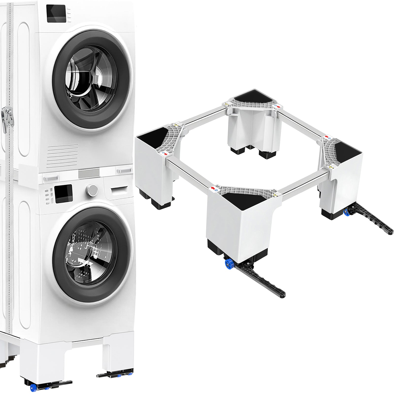 Front view of two-tier washing machine base with drawer and wheels for easy mobility.