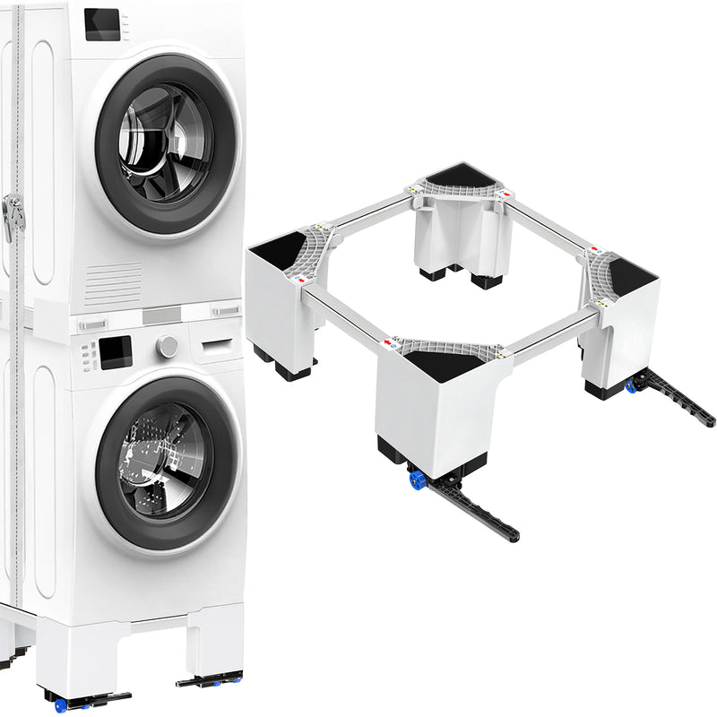 Front view of two-tier washing machine base with drawer and wheels for easy mobility.
