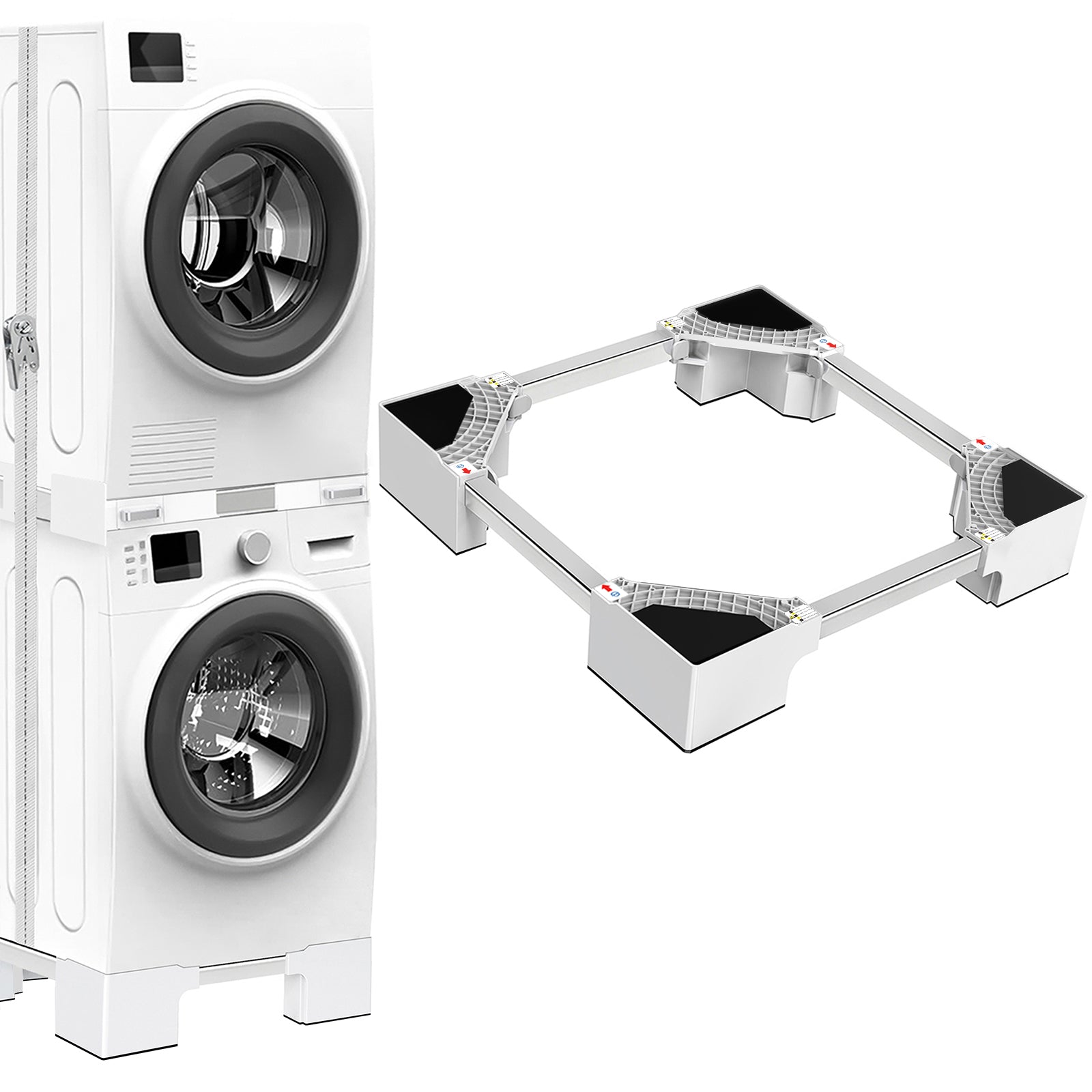 Washing machine on adjustable mobile stand with non-slip pads and height adjustment.