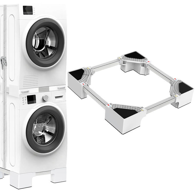 Washing machine on adjustable mobile stand with non-slip pads and height adjustment.
