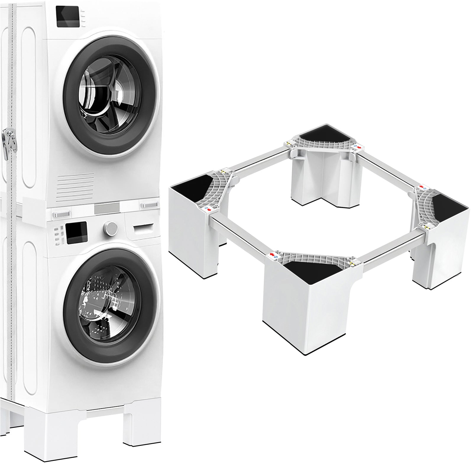 Adjustable stand placed under a washing machine with storage cabinet attached