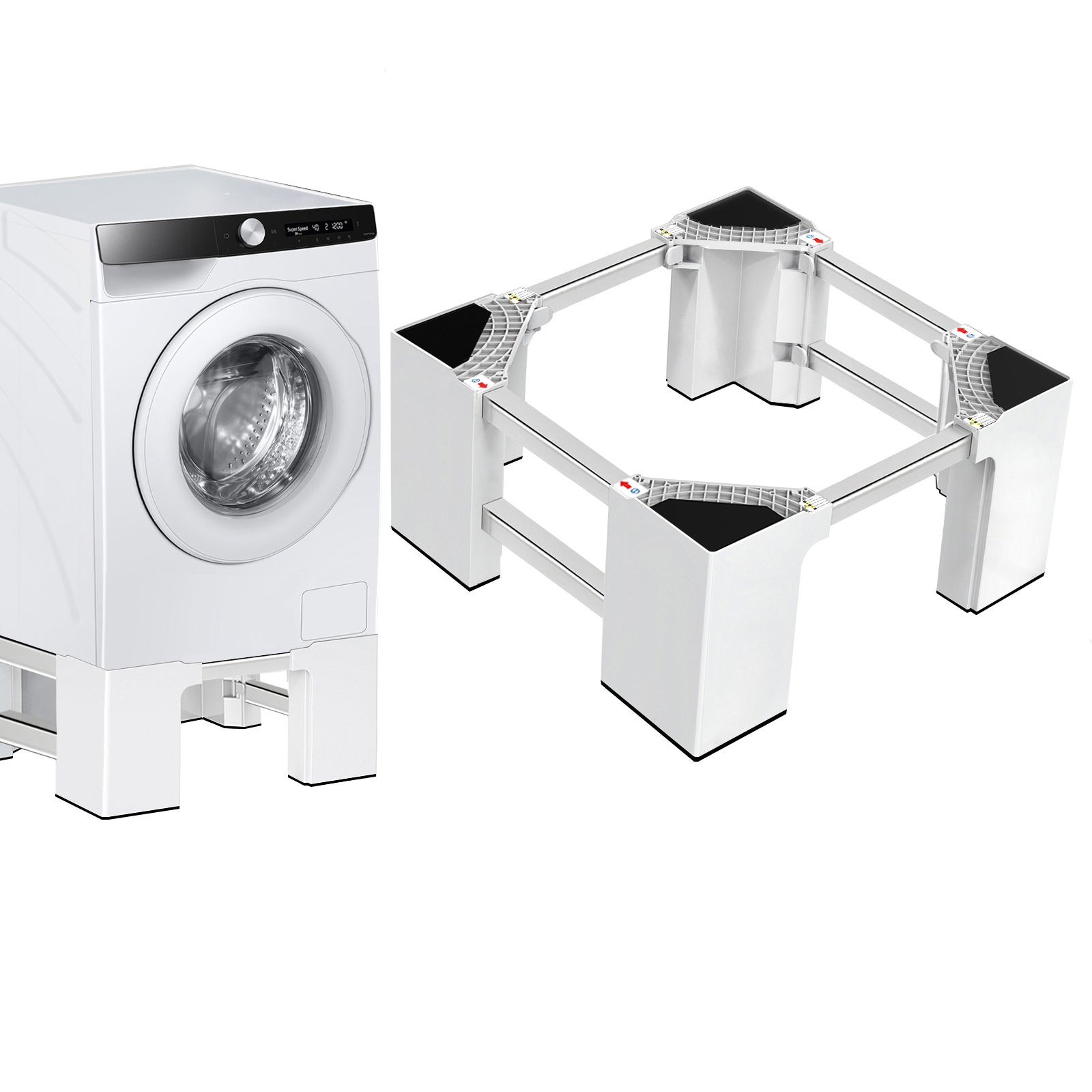 Washing machine stand with wheels, stainless steel frame and plastic base