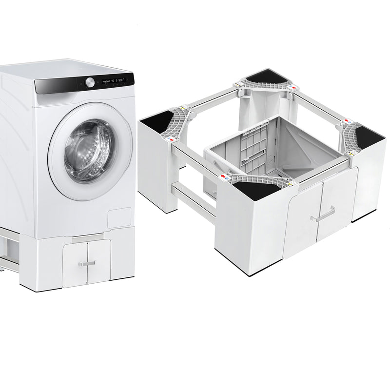 Washer dryer stand base with drawer storage, front view