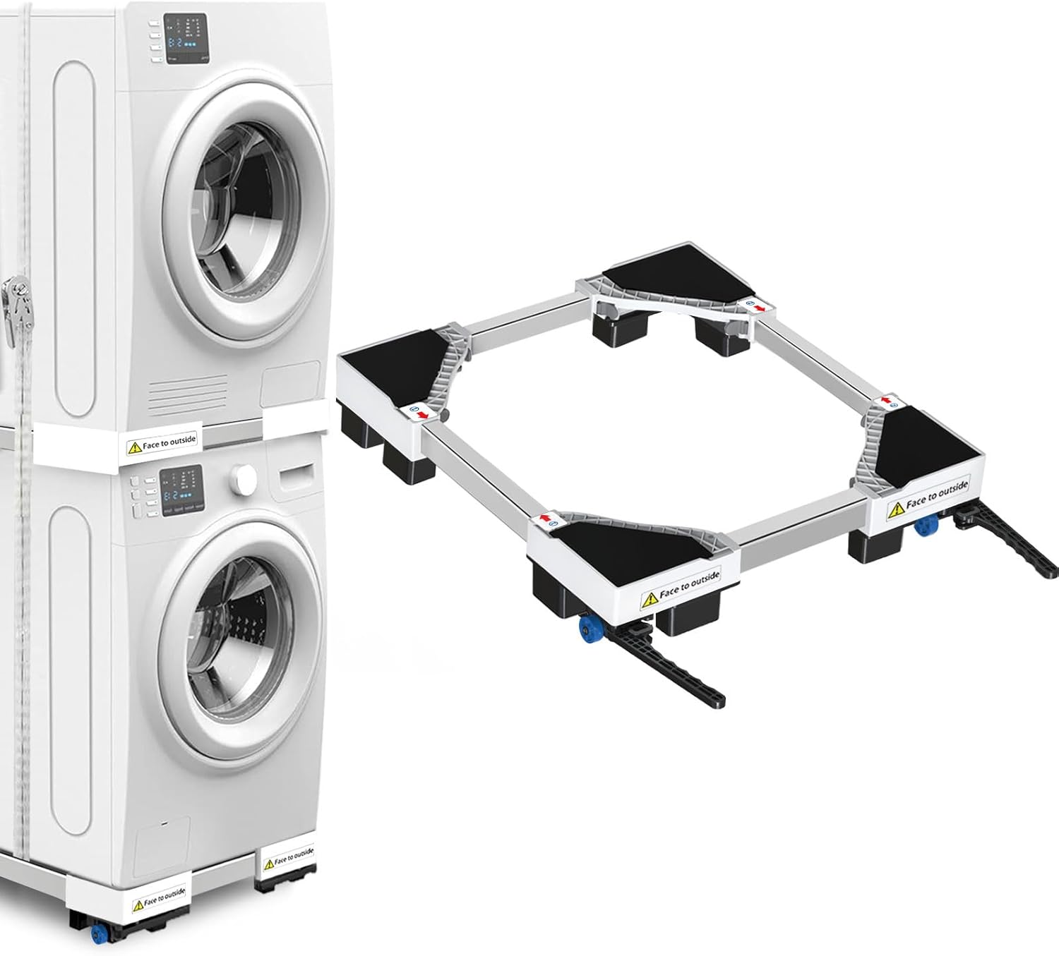 White adjustable washing machine stand with wheels and brake