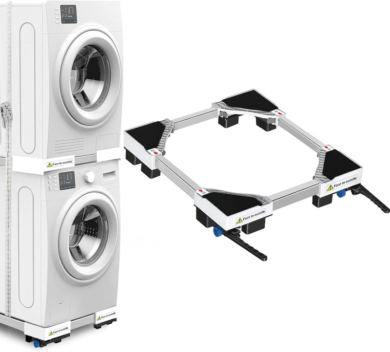White adjustable washing machine stand with wheels and brake