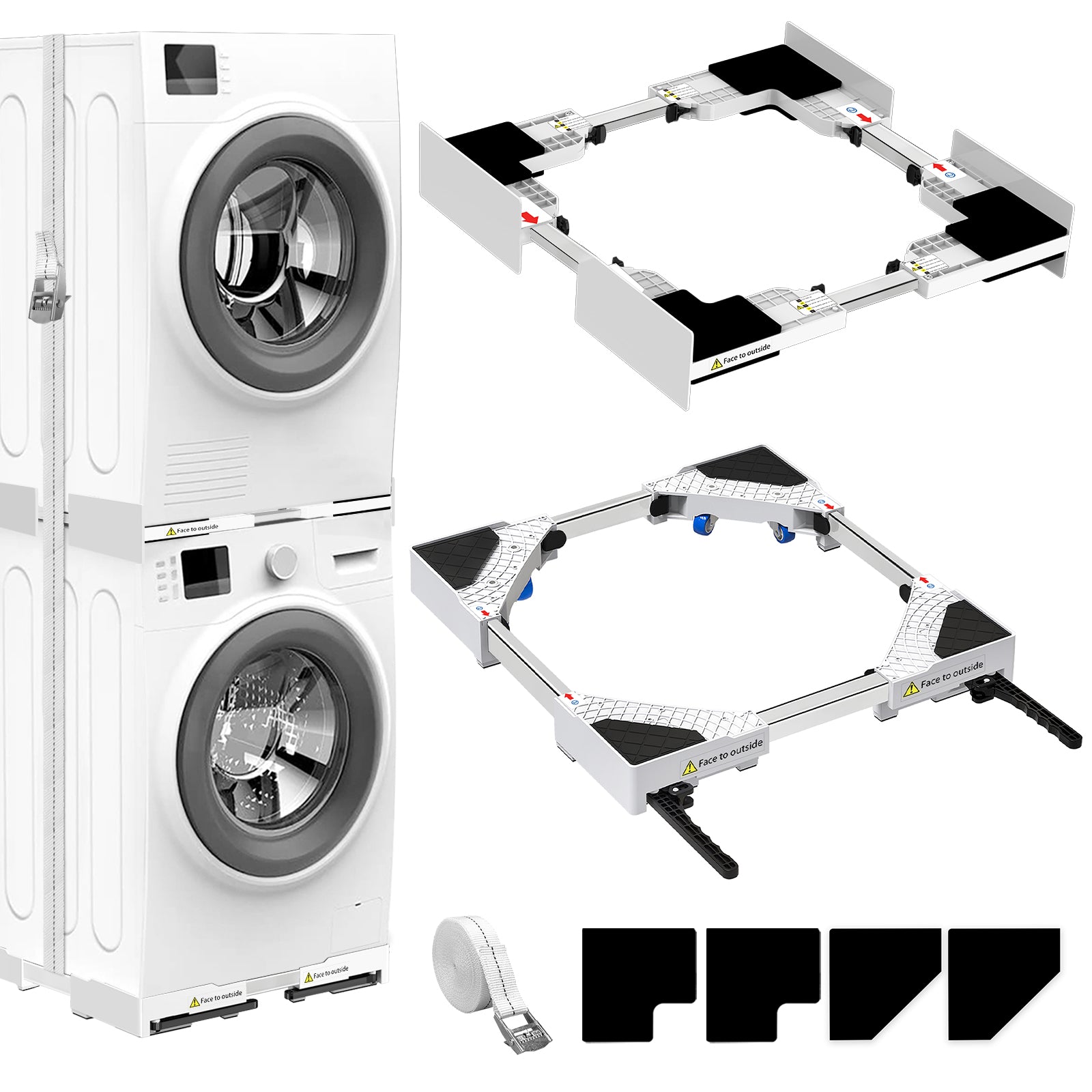 Kit contents including ratchet rope, wheels, and mounting frame