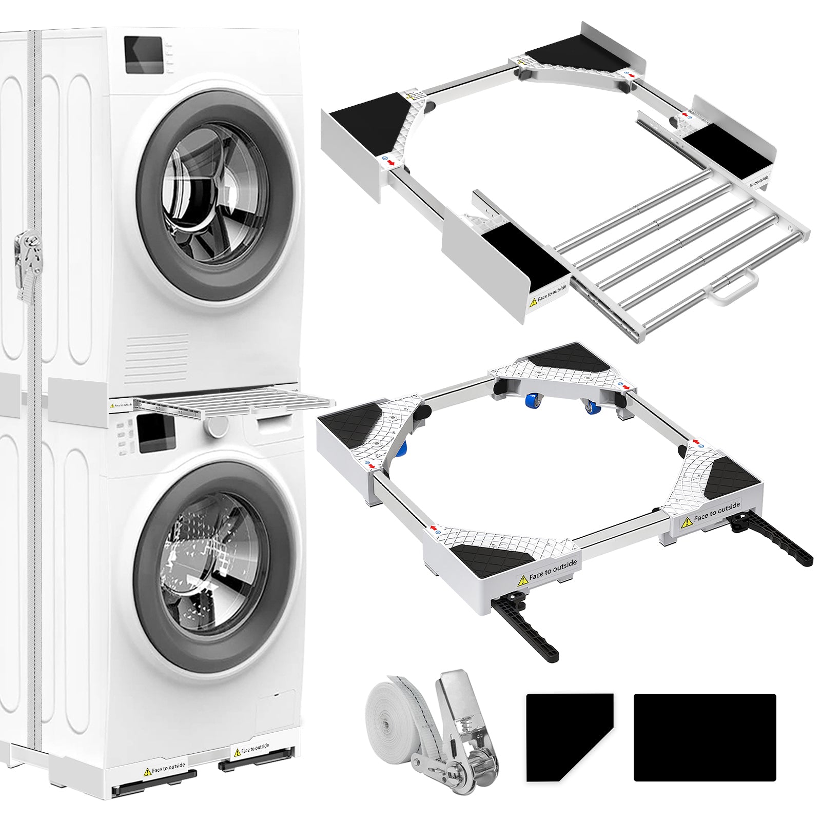 Universal stacking kit and movable base for washing machine and dryer, adjustable size with ratchet straps.