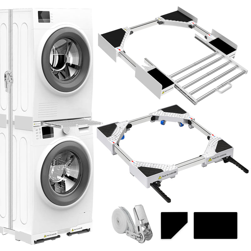 Universal stacking kit and movable base for washing machine and dryer, adjustable size with ratchet straps.
