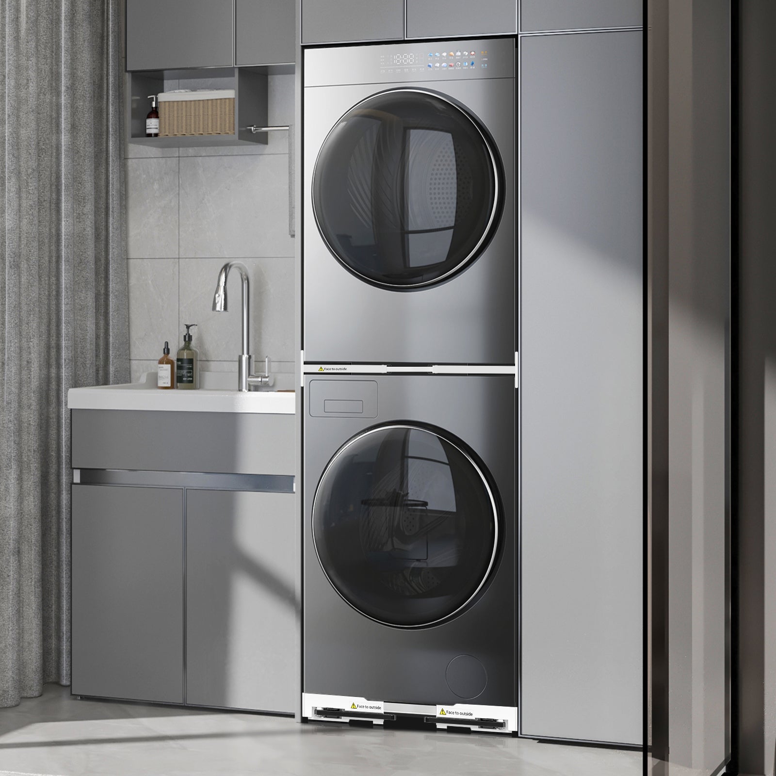 Stacked washer and dryer using NIUXX holder for space saving