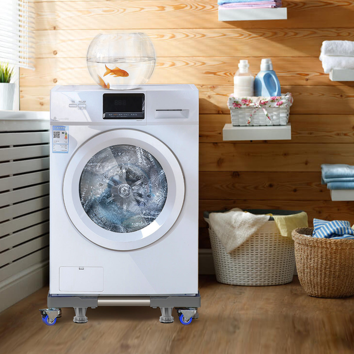 Washing machine placed on NIUXX base with shock absorption