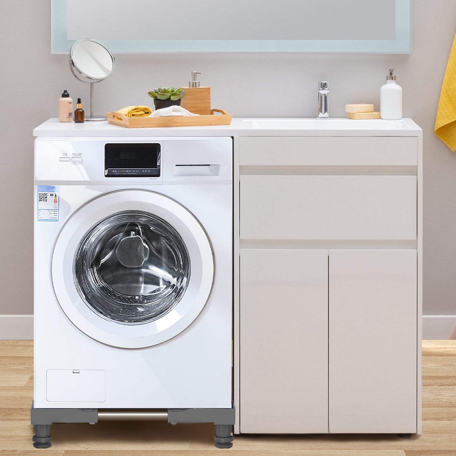 Adjustable length and width of the washing machine holder shown with arrows