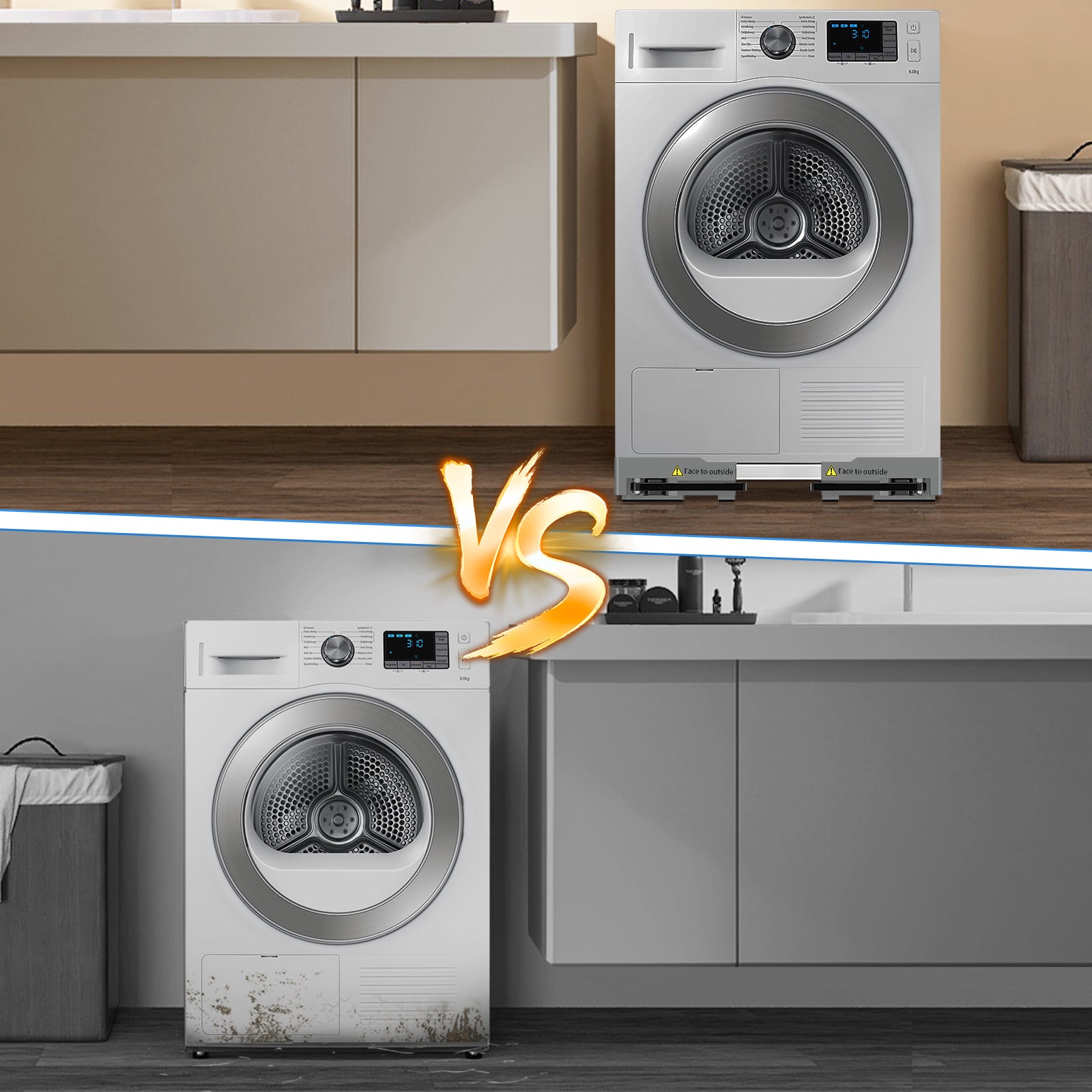Washing machine stand placed under a refrigerator with wheels for moving