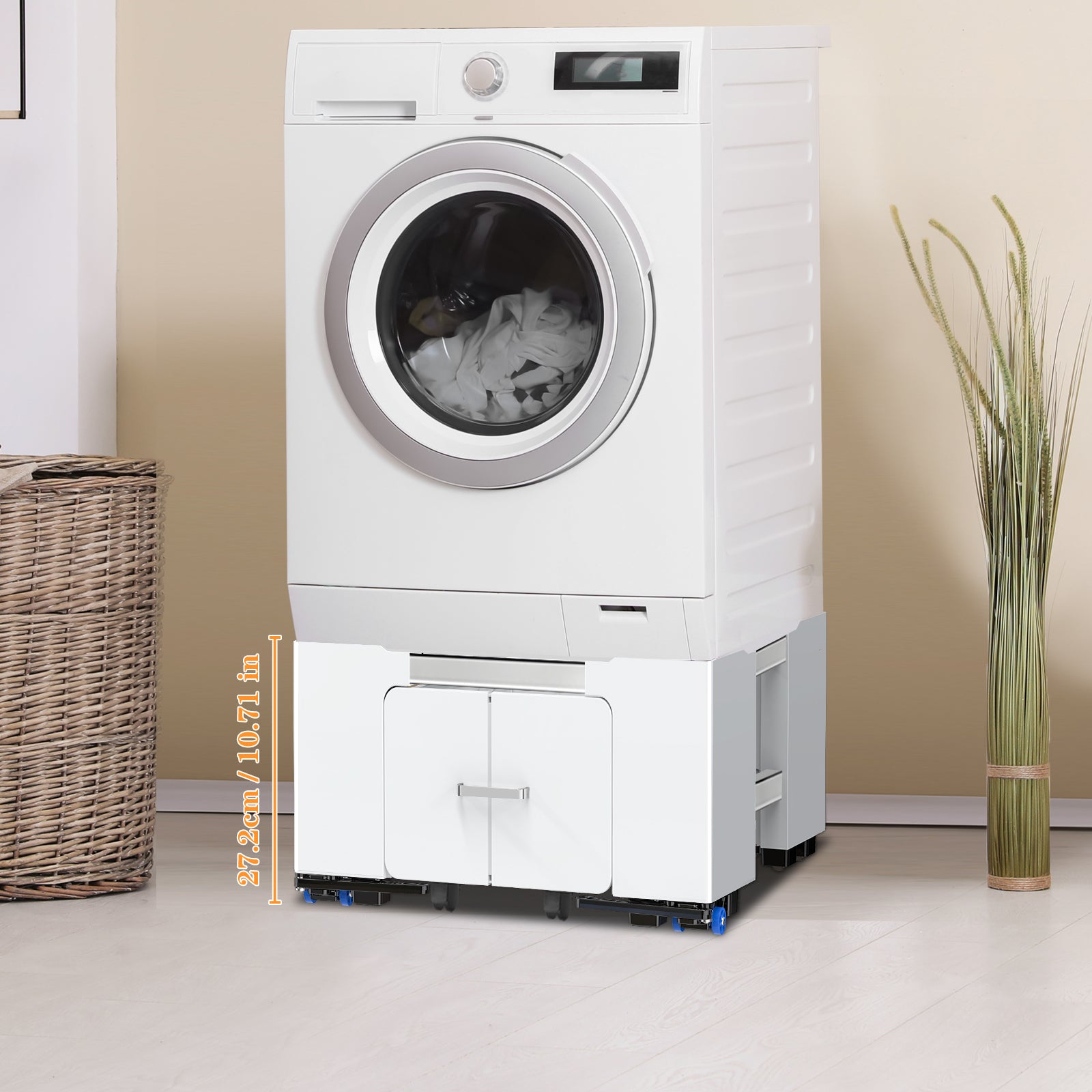 Locking brakes on washing machine stand wheels ensuring stability during spin cycle.