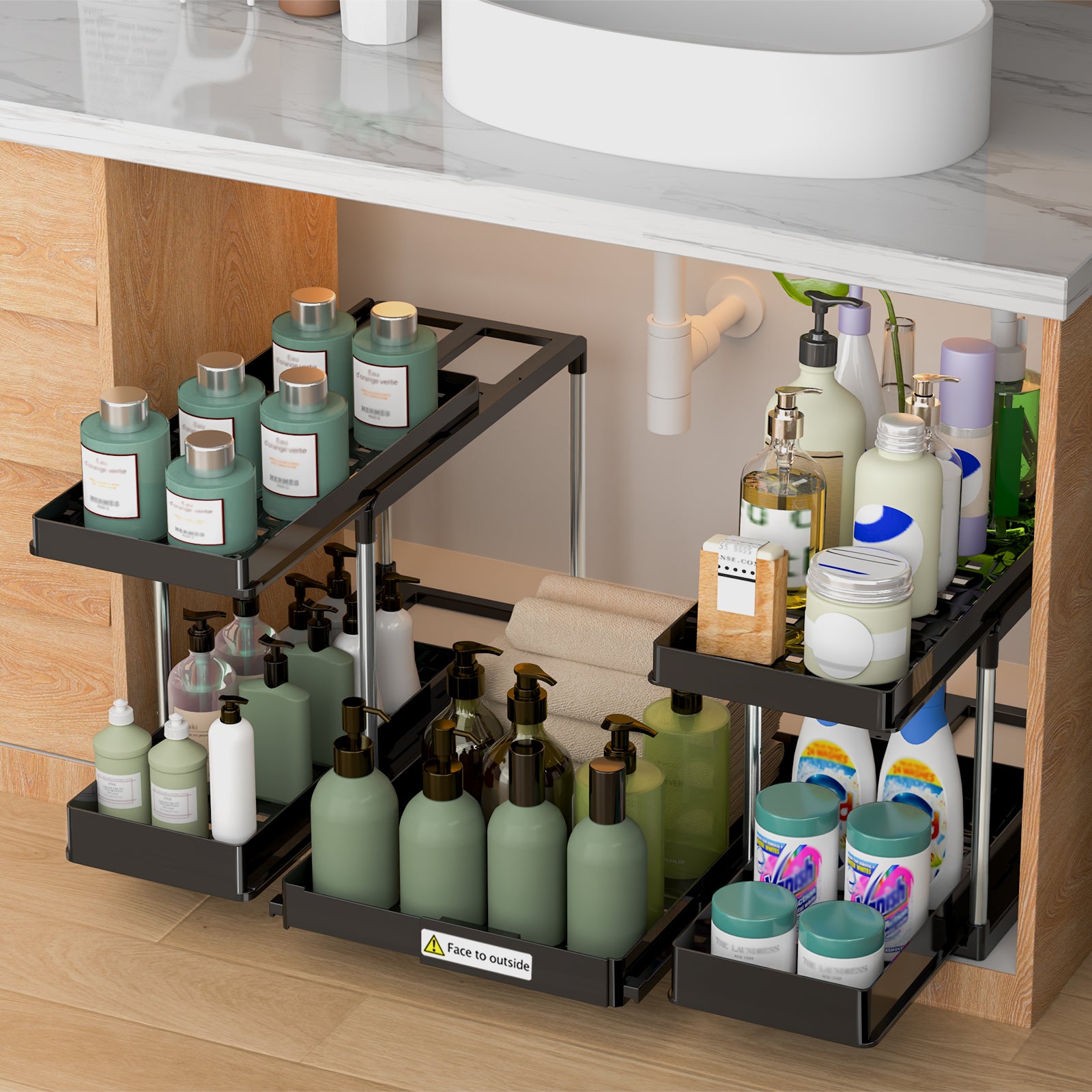 2-tier under sink organizer with adjustable brackets and plastic construction