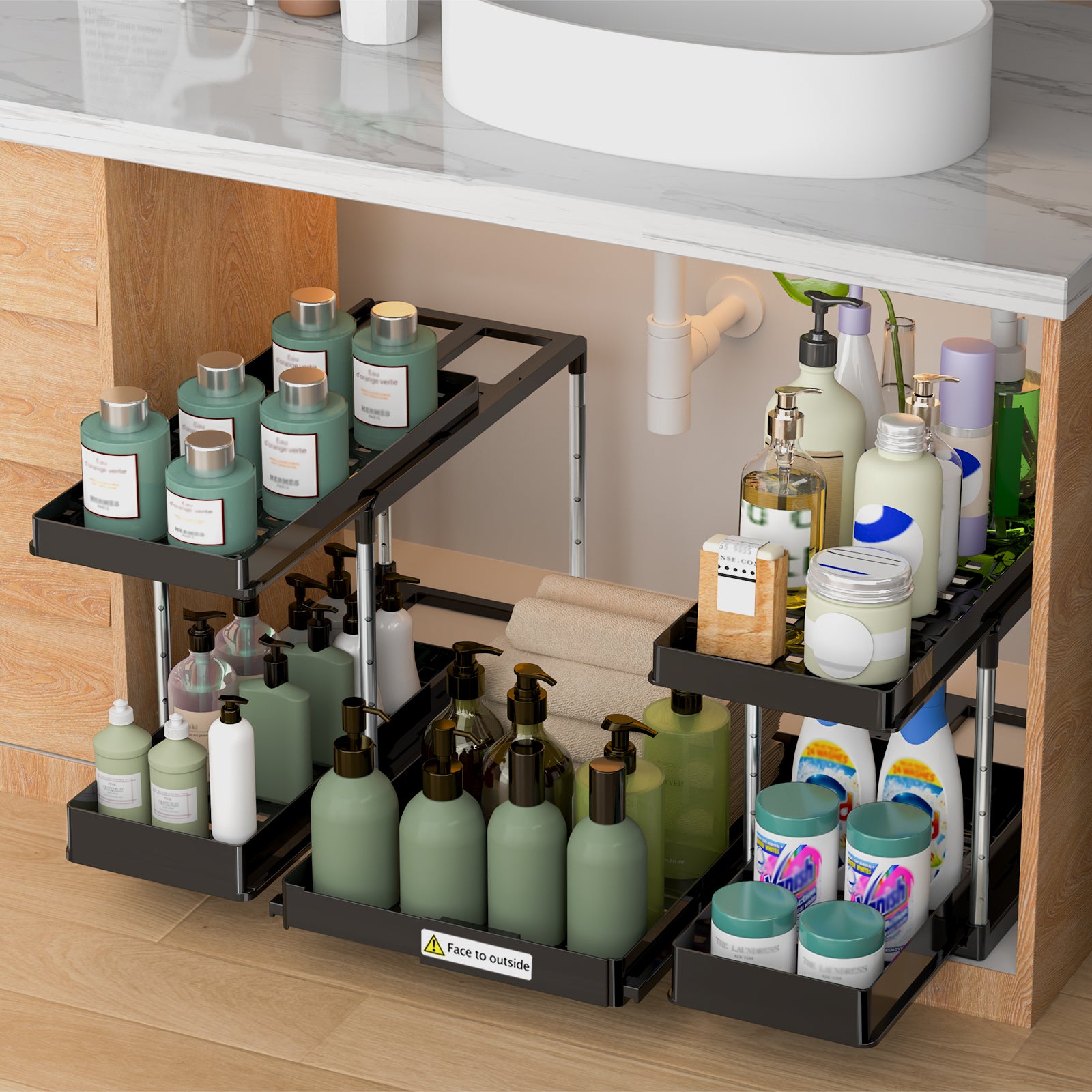 Sliding mechanism of 2-tier under sink storage shelf.