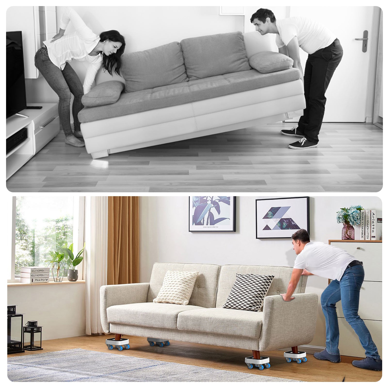 Complete moving kit with four casters, four pads, and one lever