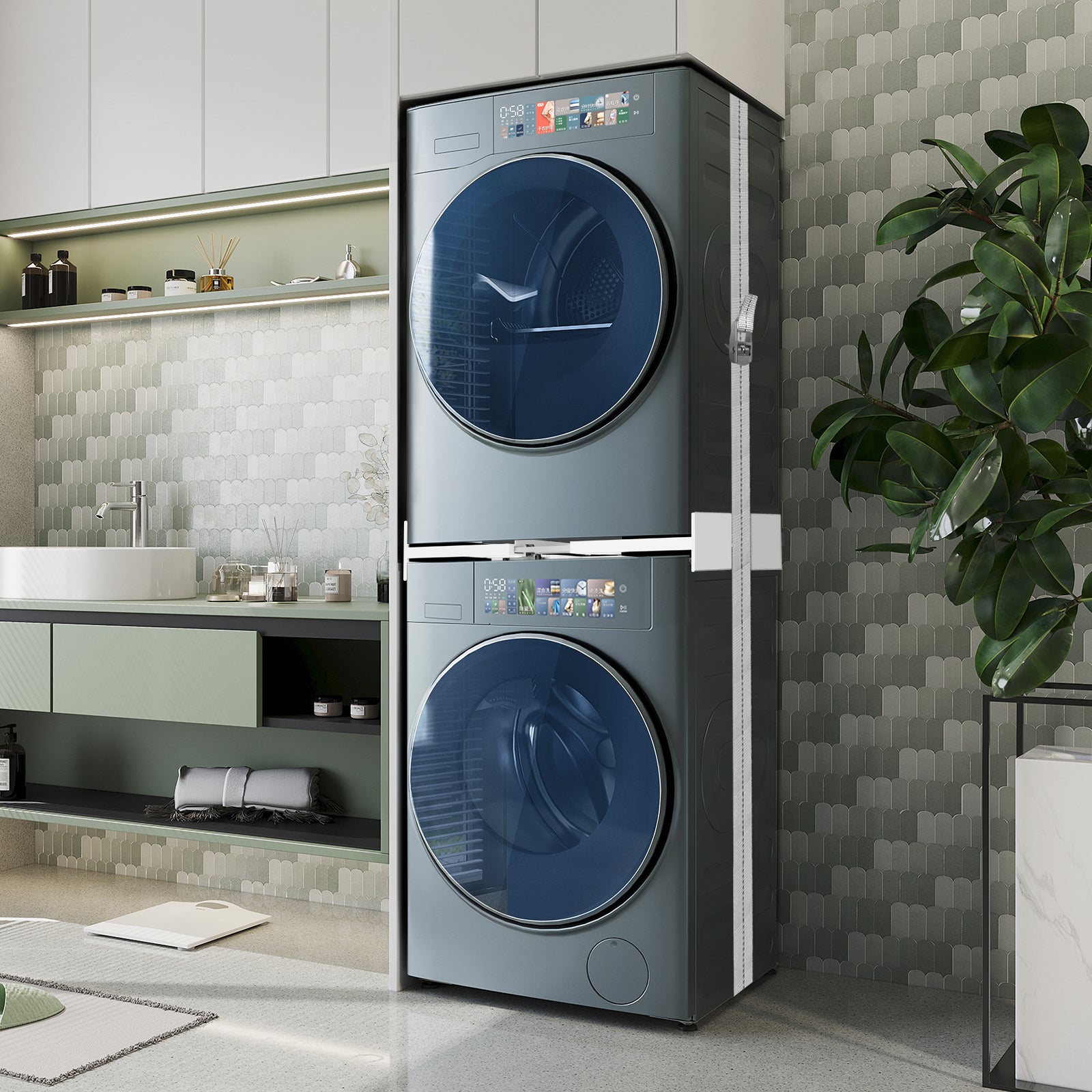 Stacking kit fitting a standard washing machine and dryer pair.