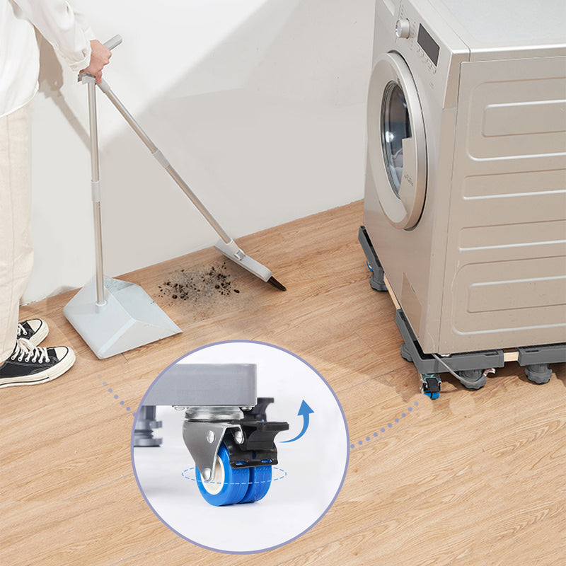 Metal wheels and adjustable feet on washing machine base for easy movement