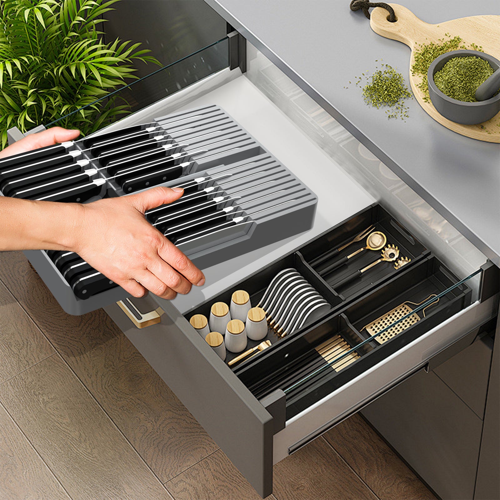 Gray drawer knife block with wood-textured surface