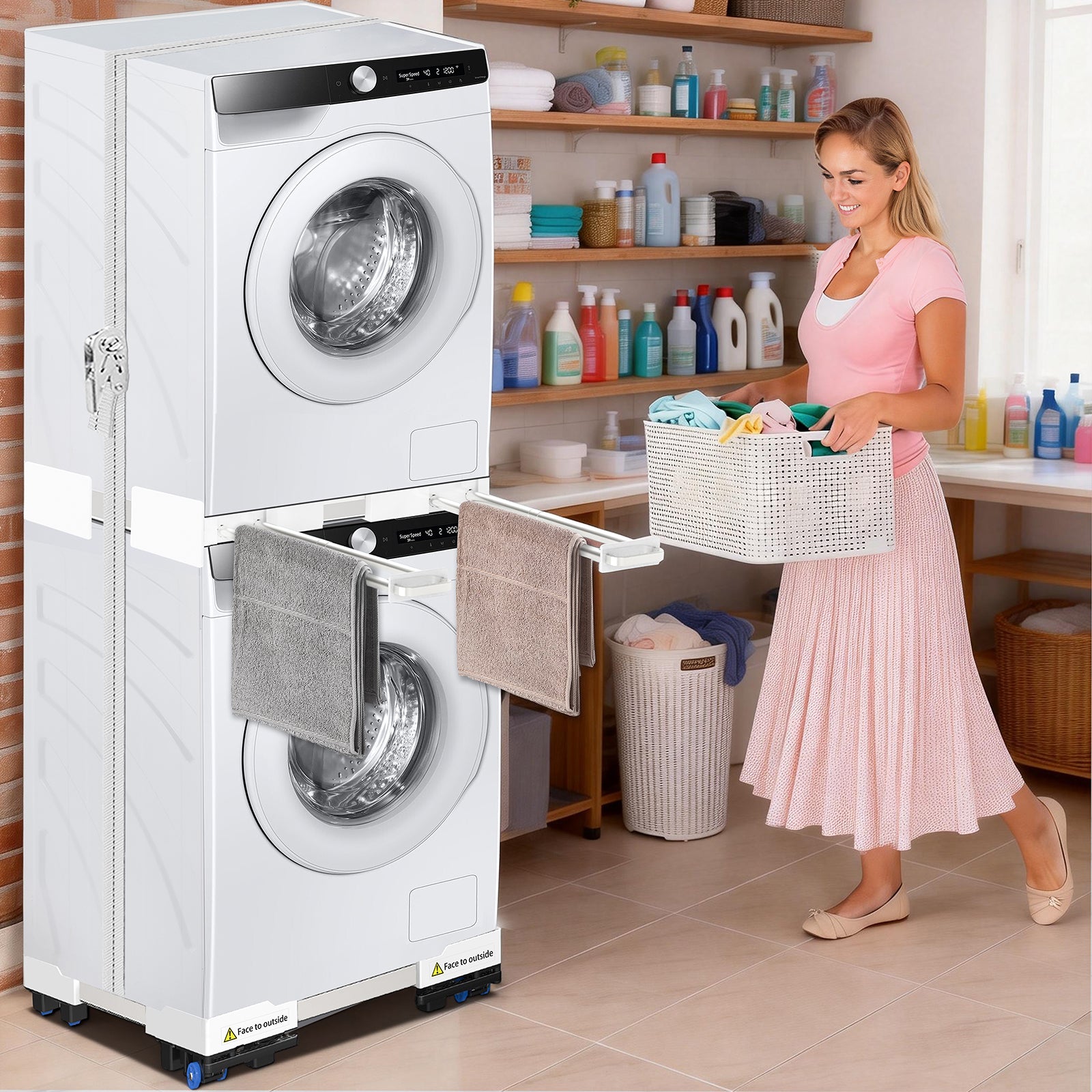 Side view of stacking kit installed between washer and dryer