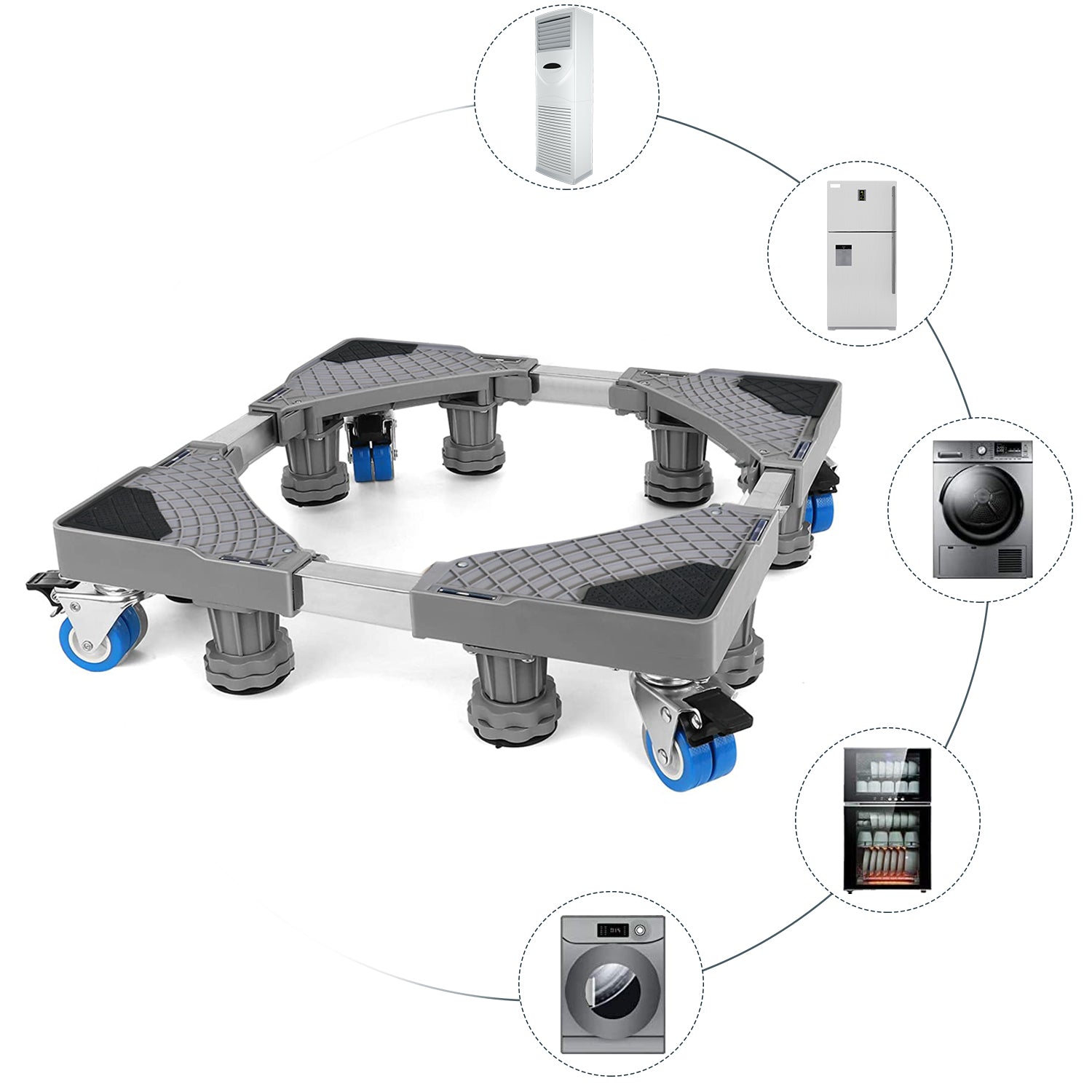 Top view of the adjustable washing machine base showing the grid design and adjustable arms.