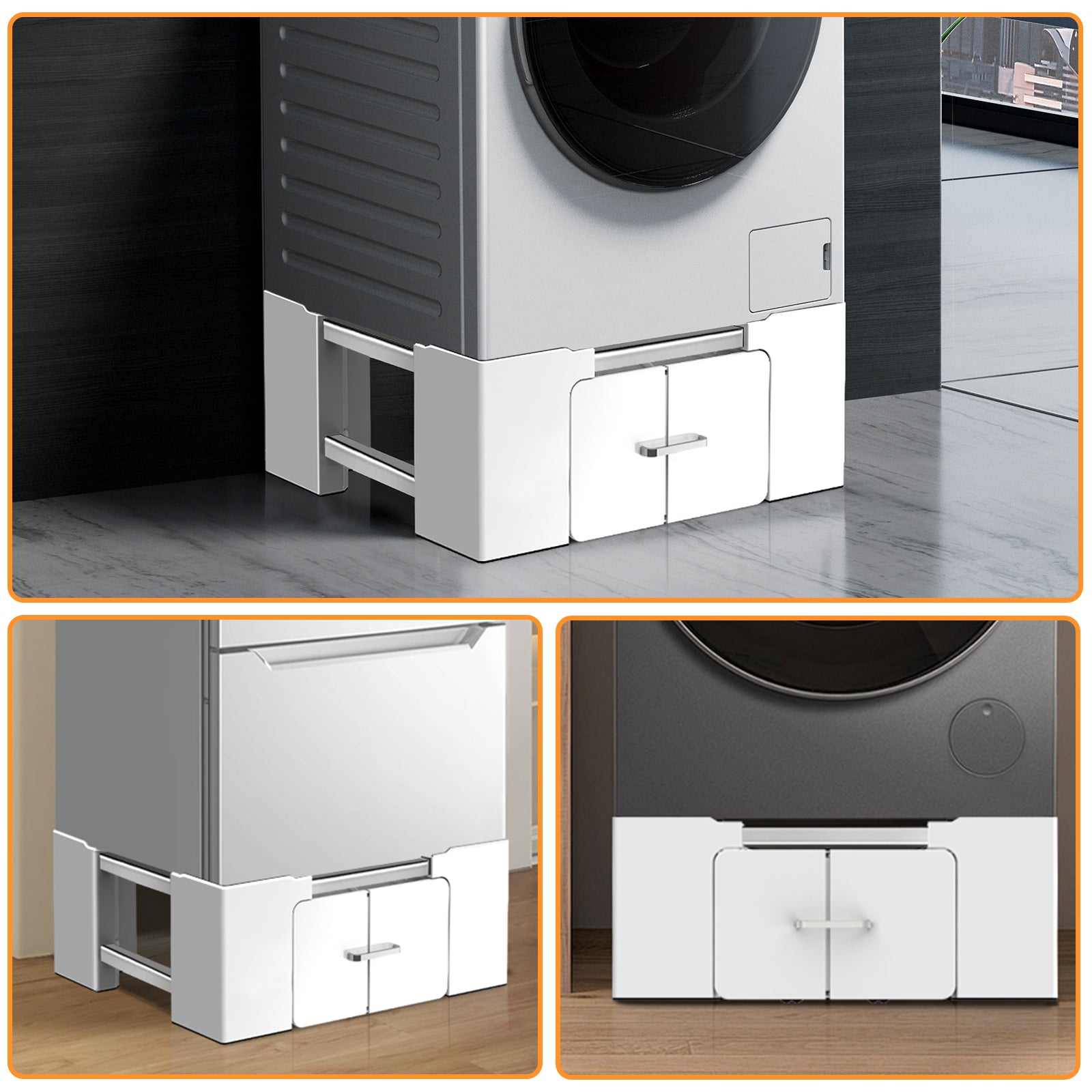 Angled view of washer dryer stand base with an appliance on top