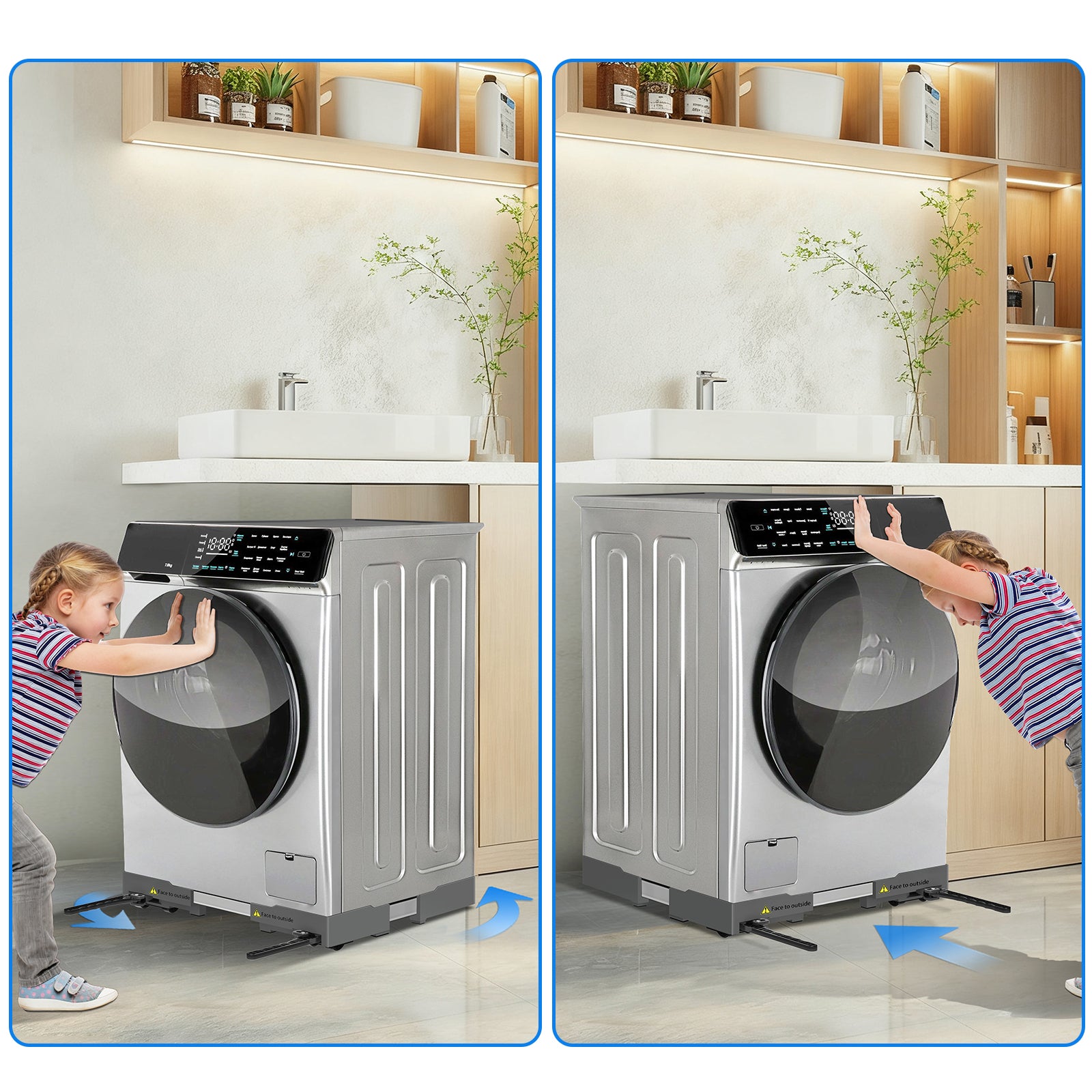 Close-up of 4 solid feet and 10 plastic wheels on washing machine stand