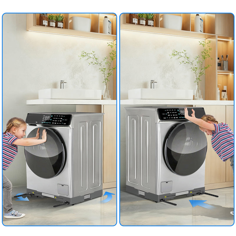Close-up of 4 solid feet and 10 plastic wheels on washing machine stand