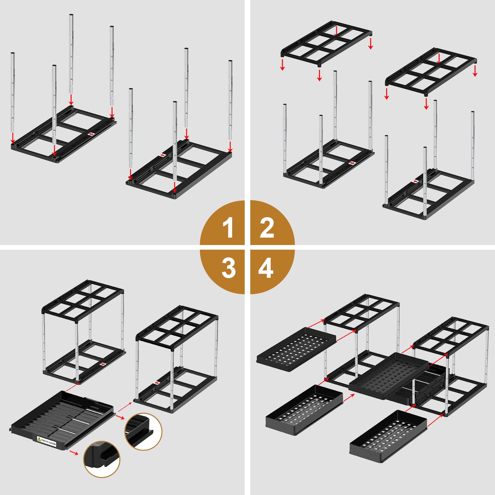 Adjustable height and width under sink storage unit.
