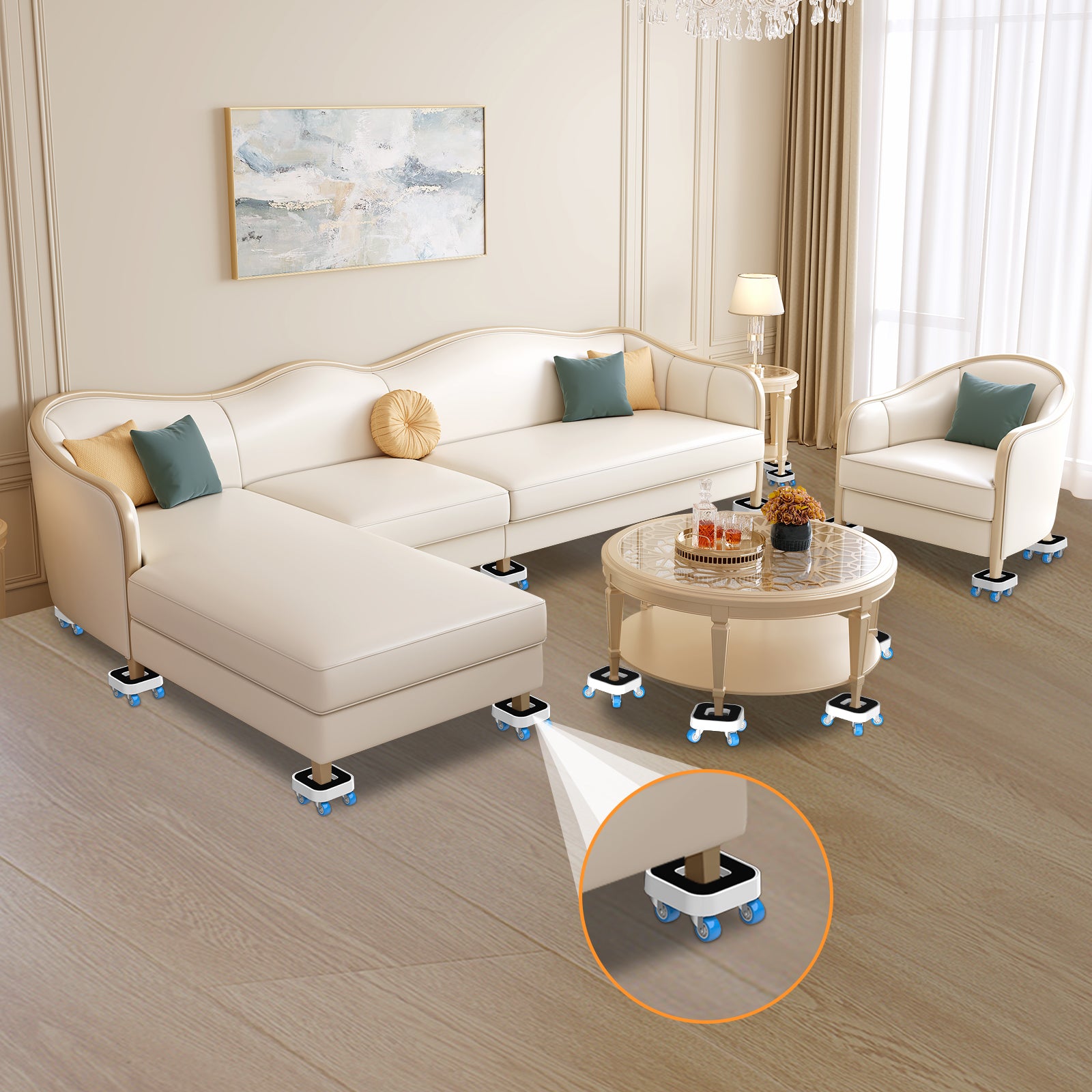 Furniture moving set arranged with lift, platforms, and pads all included.