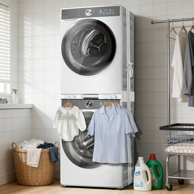 Stacked washer and dryer using NIUXX kit, saving floor space.
