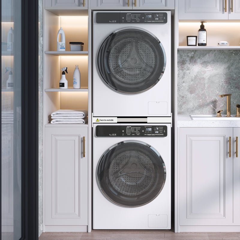 Washing machine and dryer stacked using universal stacking kit