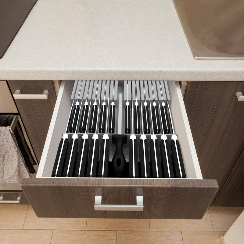 Knife block drawer on countertop, flat and compact