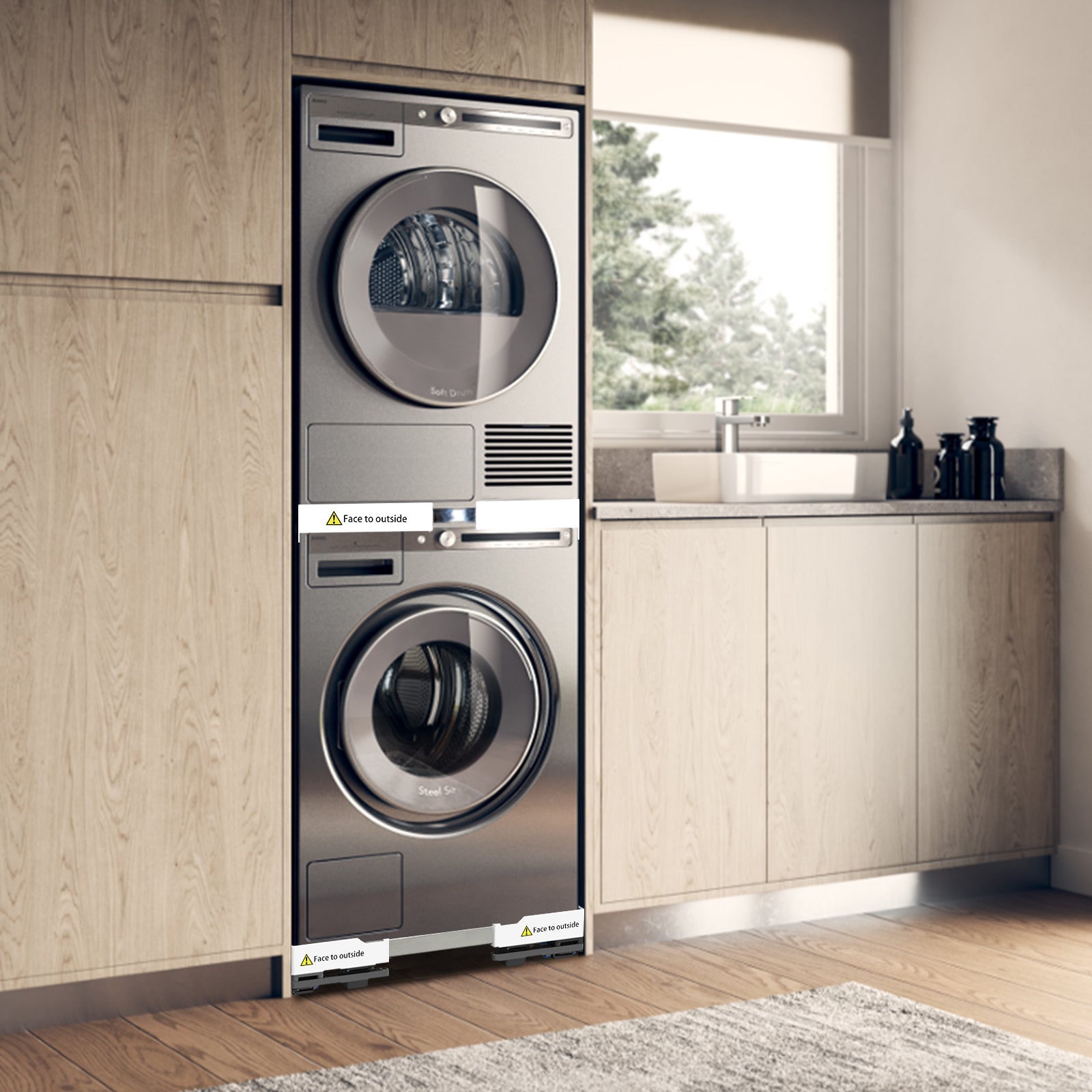 Washing machine stand with brake wheels locked in place